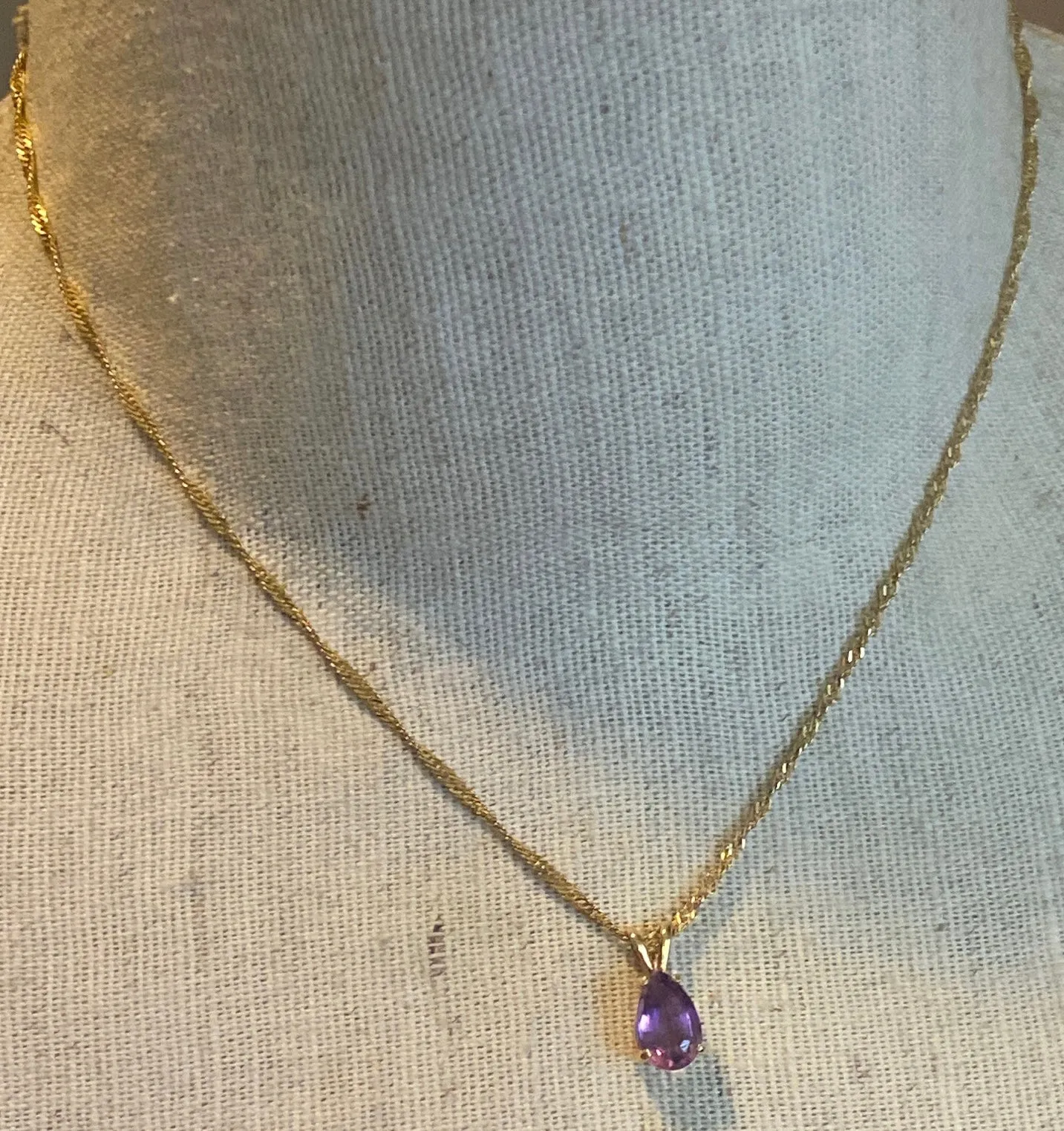 10k Yellow Gold Twist Chain Necklace 14k Pear Shaped Amethyst Pendant