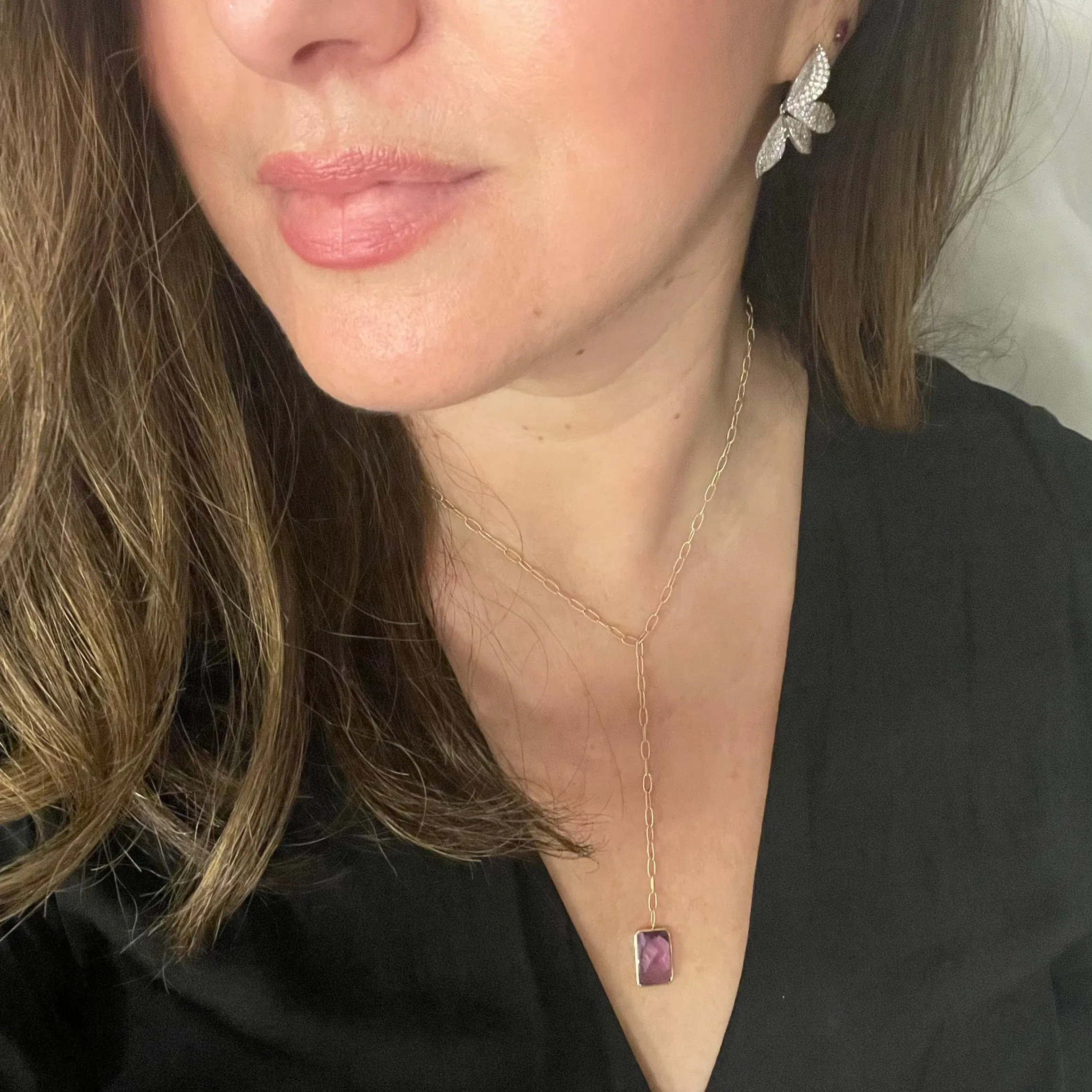 14K Amethyst Lariat Link Necklace