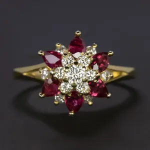 1.56ct RUBY DIAMOND COCKTAIL RING 18K YELLOW GOLD BALLERINA CLUSTER NATURAL