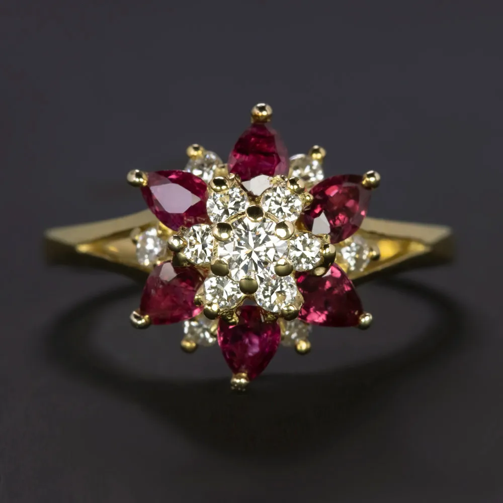 1.56ct RUBY DIAMOND COCKTAIL RING 18K YELLOW GOLD BALLERINA CLUSTER NATURAL