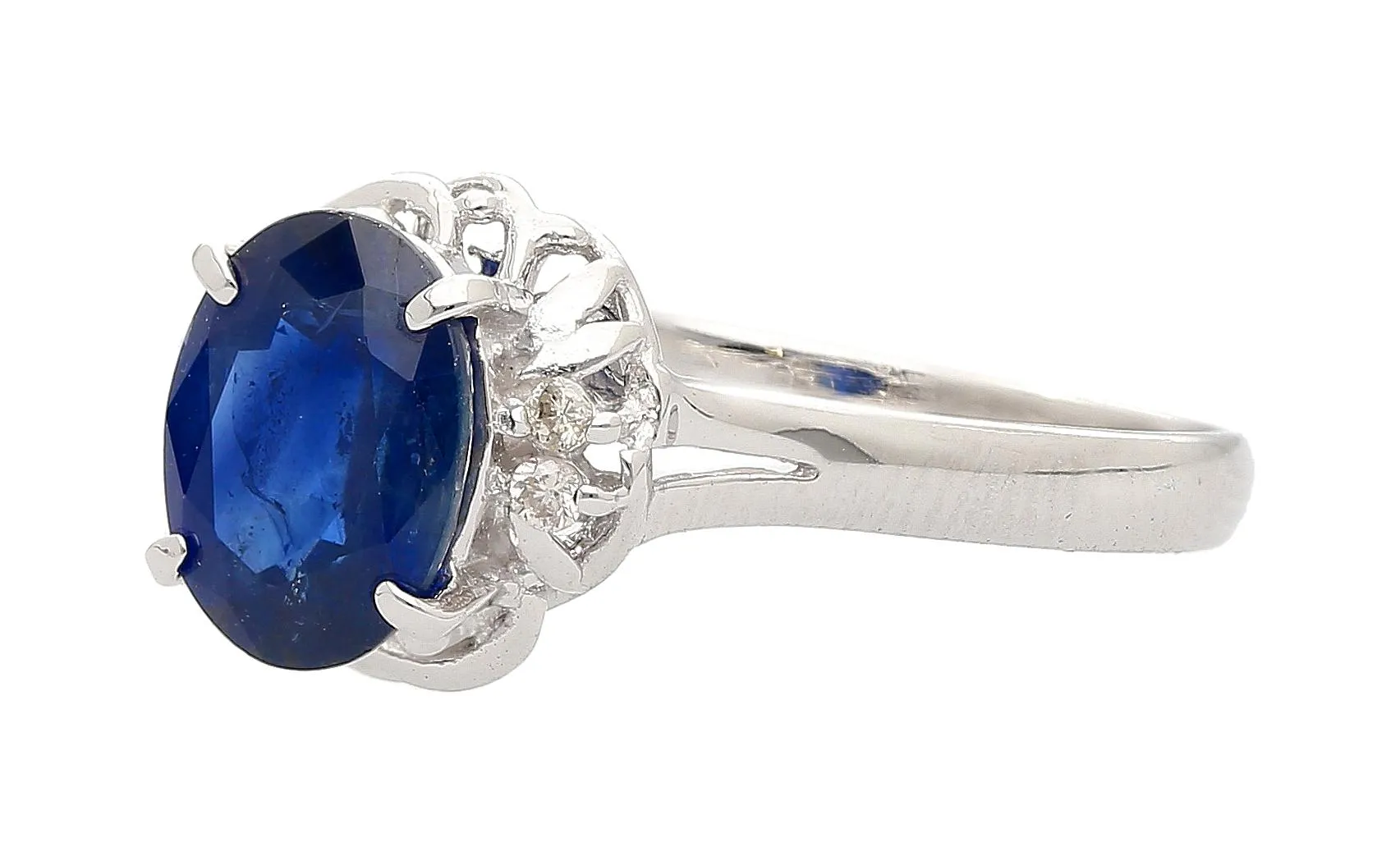 1.66 Carat Oval Blue Sapphire and Diamond Platinum Dainty Ring