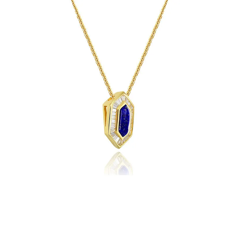 18k Gold Hexagonal Shape Lapis Diamond Necklace