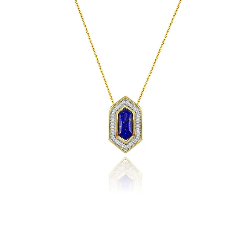 18k Gold Hexagonal Shape Lapis Diamond Necklace