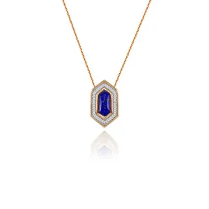 18k Gold Hexagonal Shape Lapis Diamond Necklace