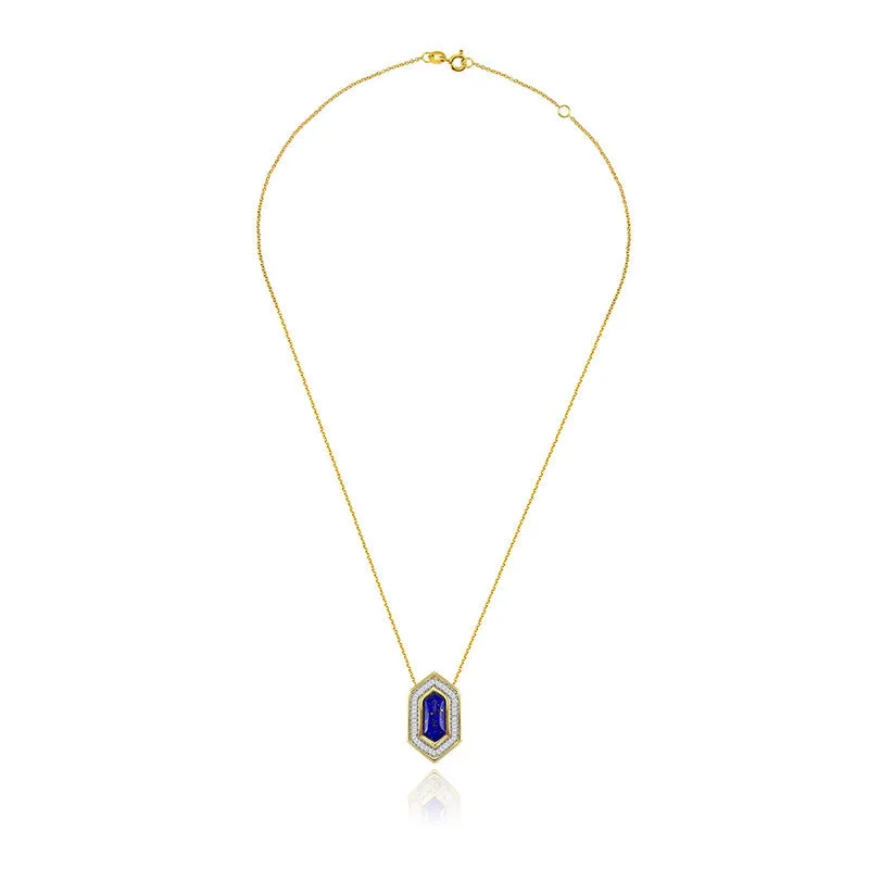18k Gold Hexagonal Shape Lapis Diamond Necklace