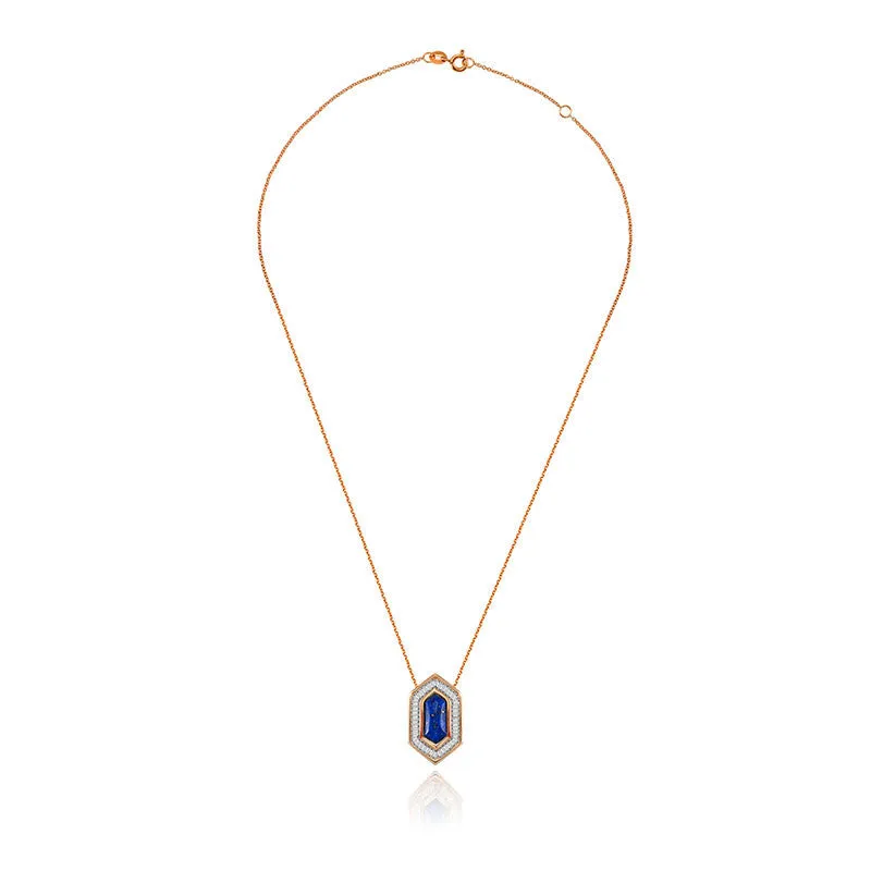 18k Gold Hexagonal Shape Lapis Diamond Necklace