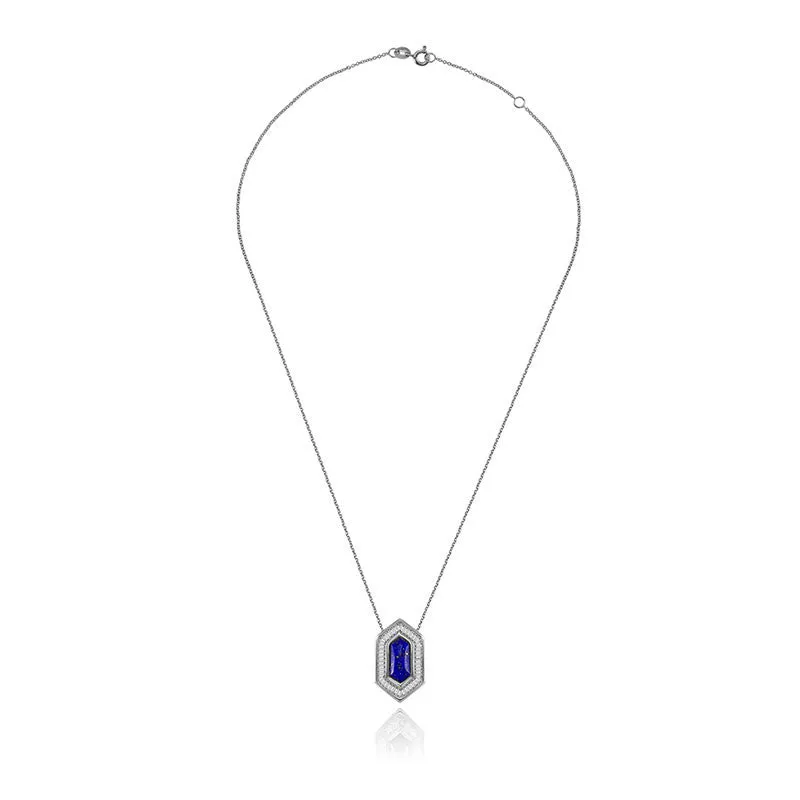 18k Gold Hexagonal Shape Lapis Diamond Necklace