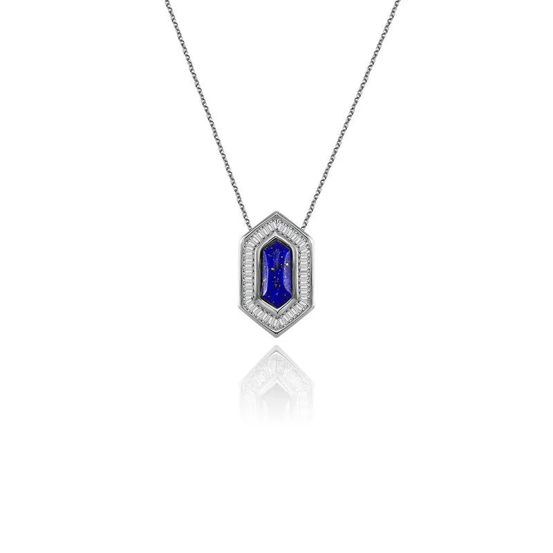 18k Gold Hexagonal Shape Lapis Diamond Necklace