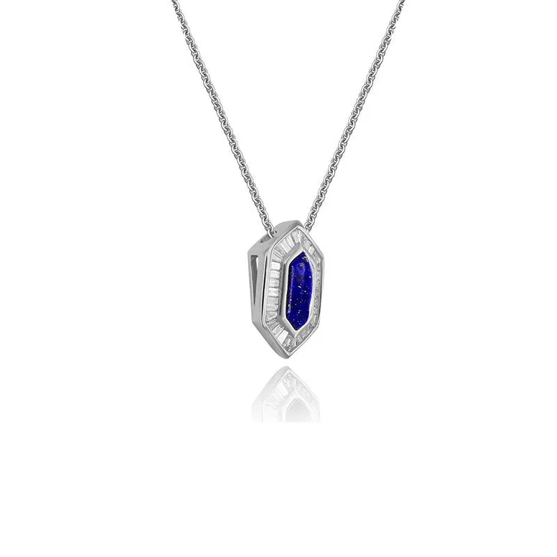 18k Gold Hexagonal Shape Lapis Diamond Necklace
