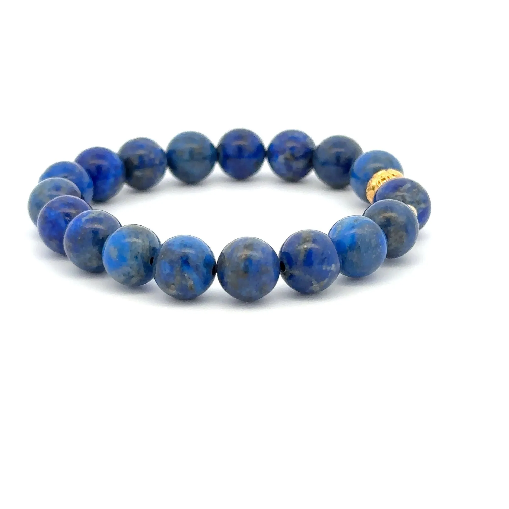 18K Gold Money Ball Lucky Charm Beads Bracelet Gemstones Lapis Lazuli 8mm
