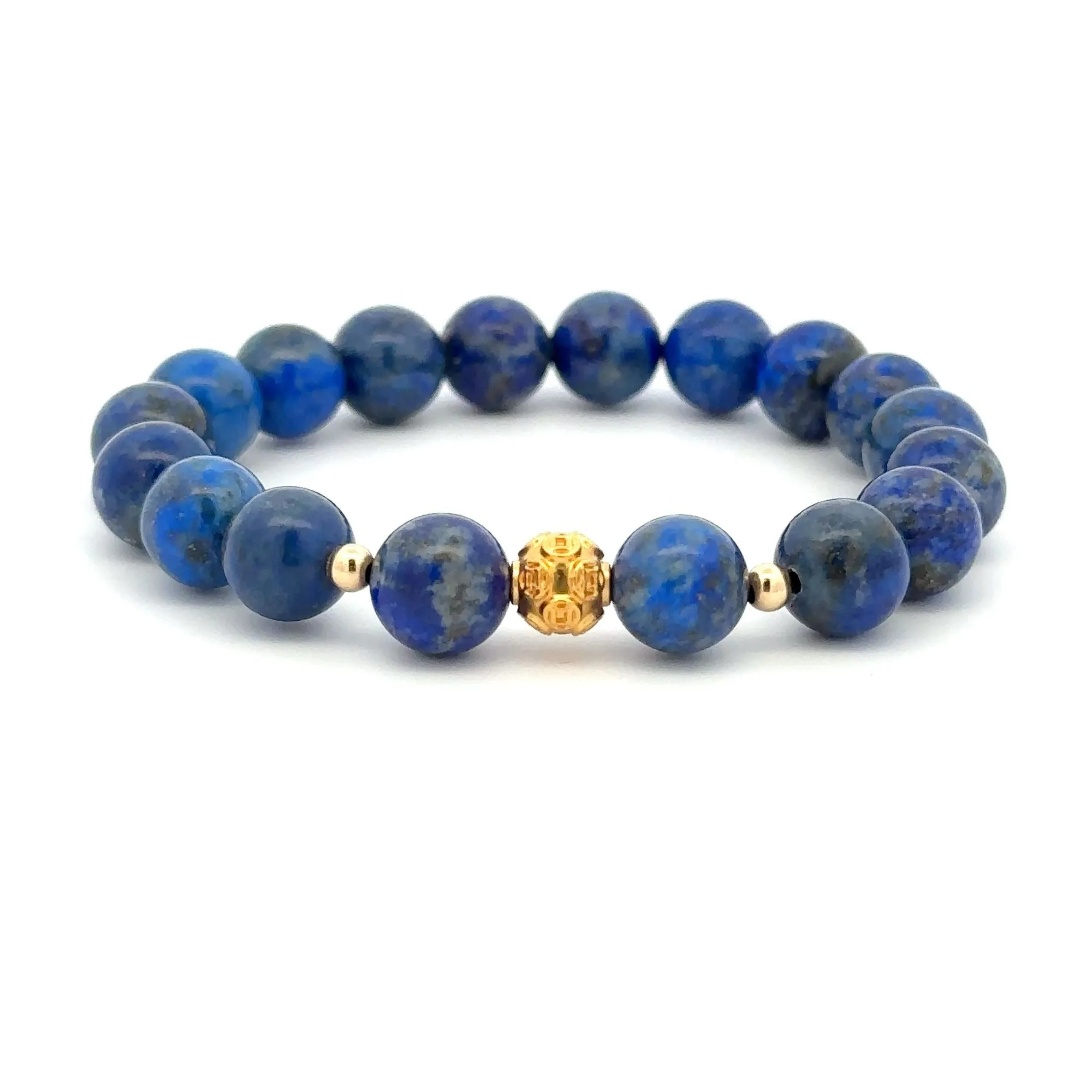 18K Gold Money Ball Lucky Charm Beads Bracelet Gemstones Lapis Lazuli 8mm
