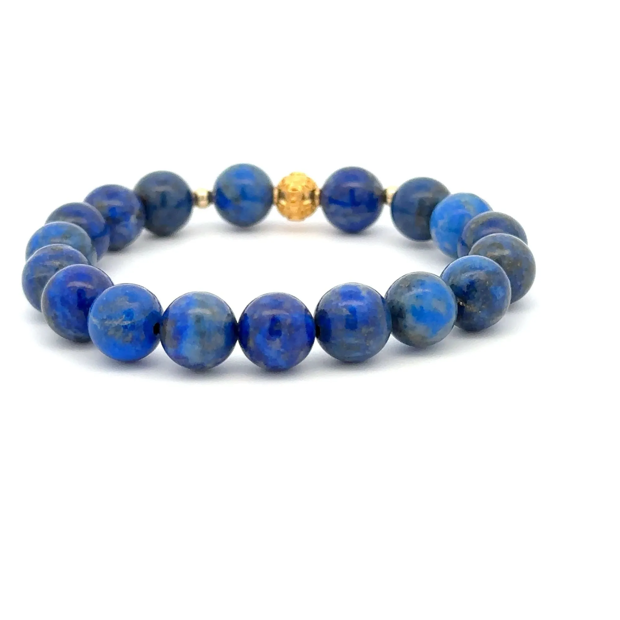 18K Gold Money Ball Lucky Charm Beads Bracelet Gemstones Lapis Lazuli 8mm
