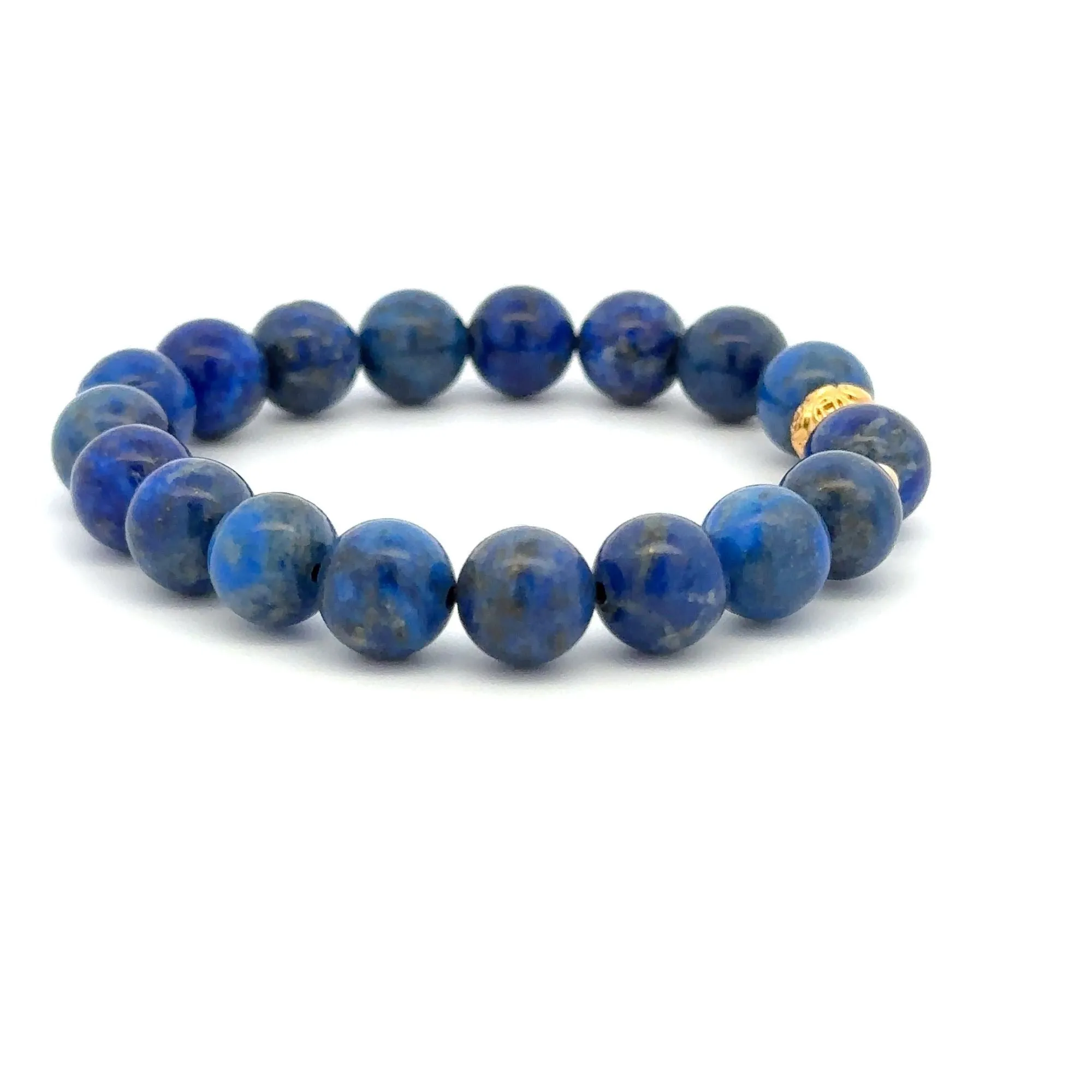 18K Gold Money Ball Lucky Charm Beads Bracelet Gemstones Lapis Lazuli 8mm