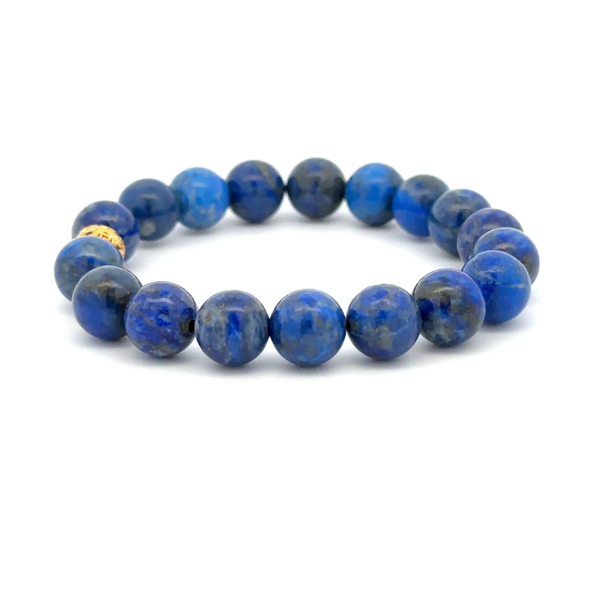 18K Gold Money Ball Lucky Charm Beads Bracelet Gemstones Lapis Lazuli 8mm