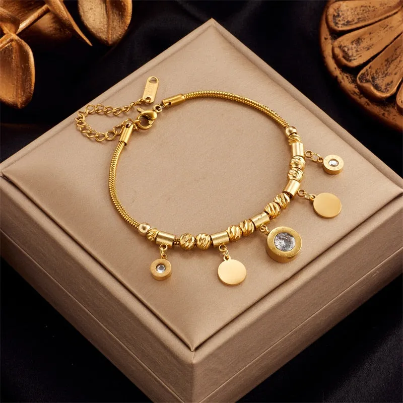 316L Stainless Steel Gold Color Roman Number Zircon Bracelet For Women