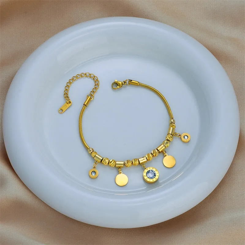 316L Stainless Steel Gold Color Roman Number Zircon Bracelet For Women
