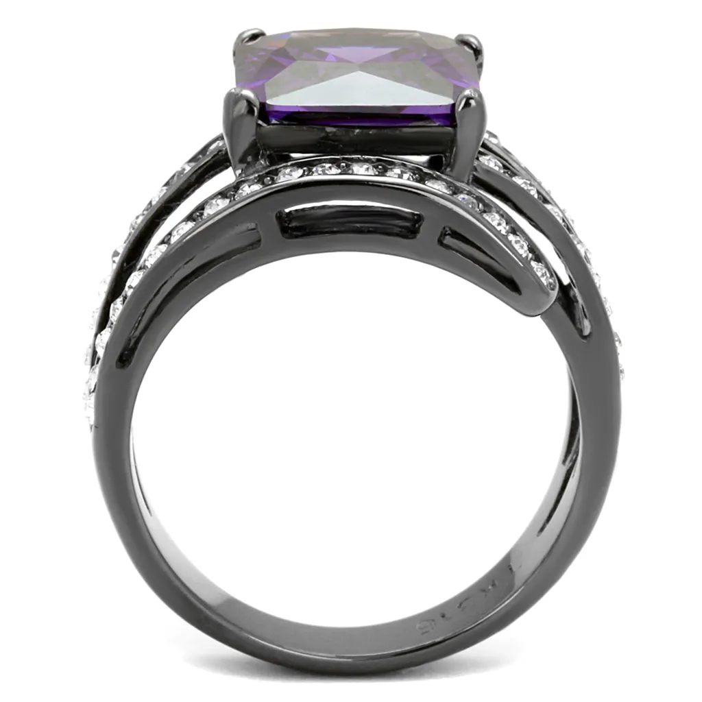 6.85Ct Princess Cut Amethyst Zirconia Light Black Plated Cocktail Ring Size 5-10