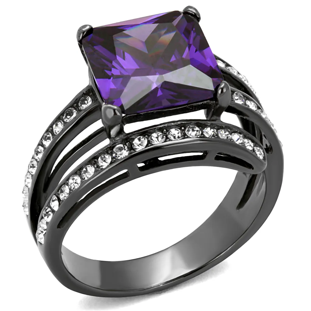6.85Ct Princess Cut Amethyst Zirconia Light Black Plated Cocktail Ring Size 5-10
