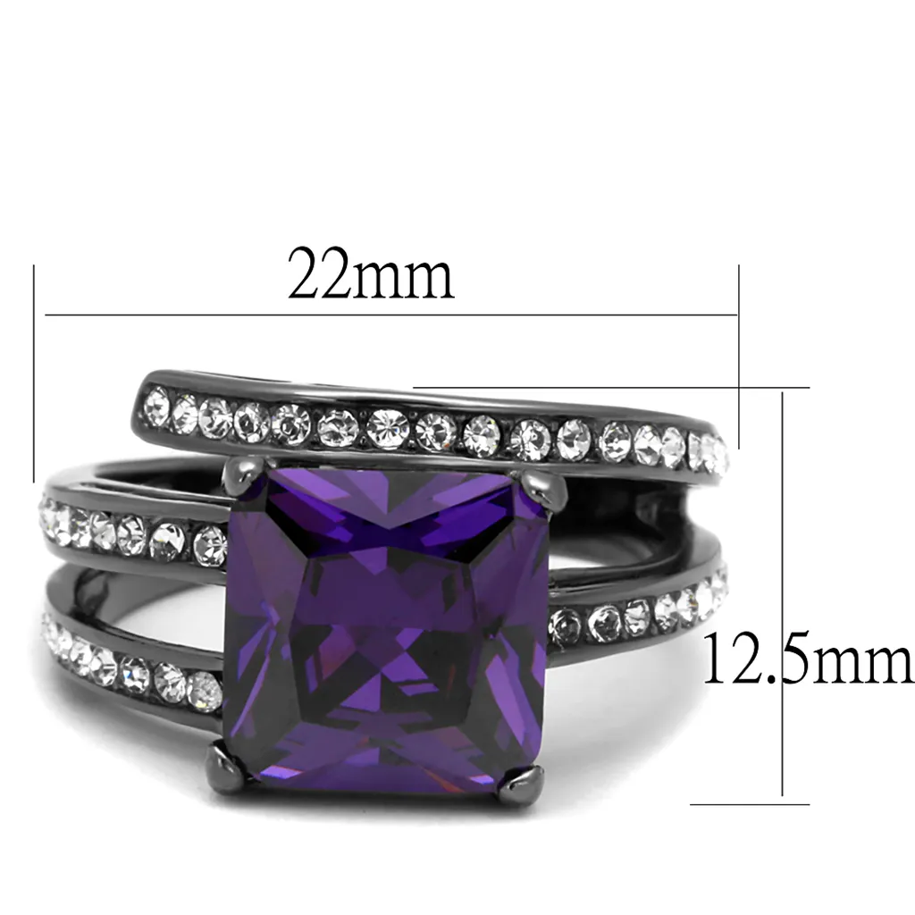 6.85Ct Princess Cut Amethyst Zirconia Light Black Plated Cocktail Ring Size 5-10