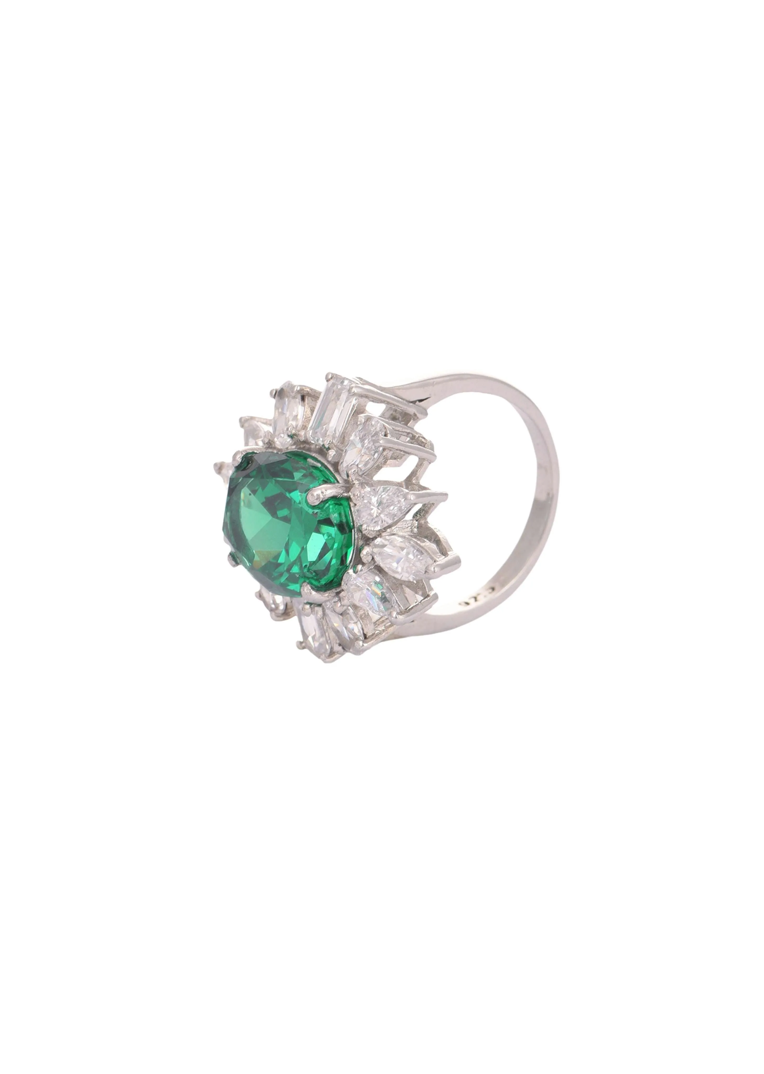 92.5 Sterling Silver Floral Ring with Green Oval Shaped Emerald