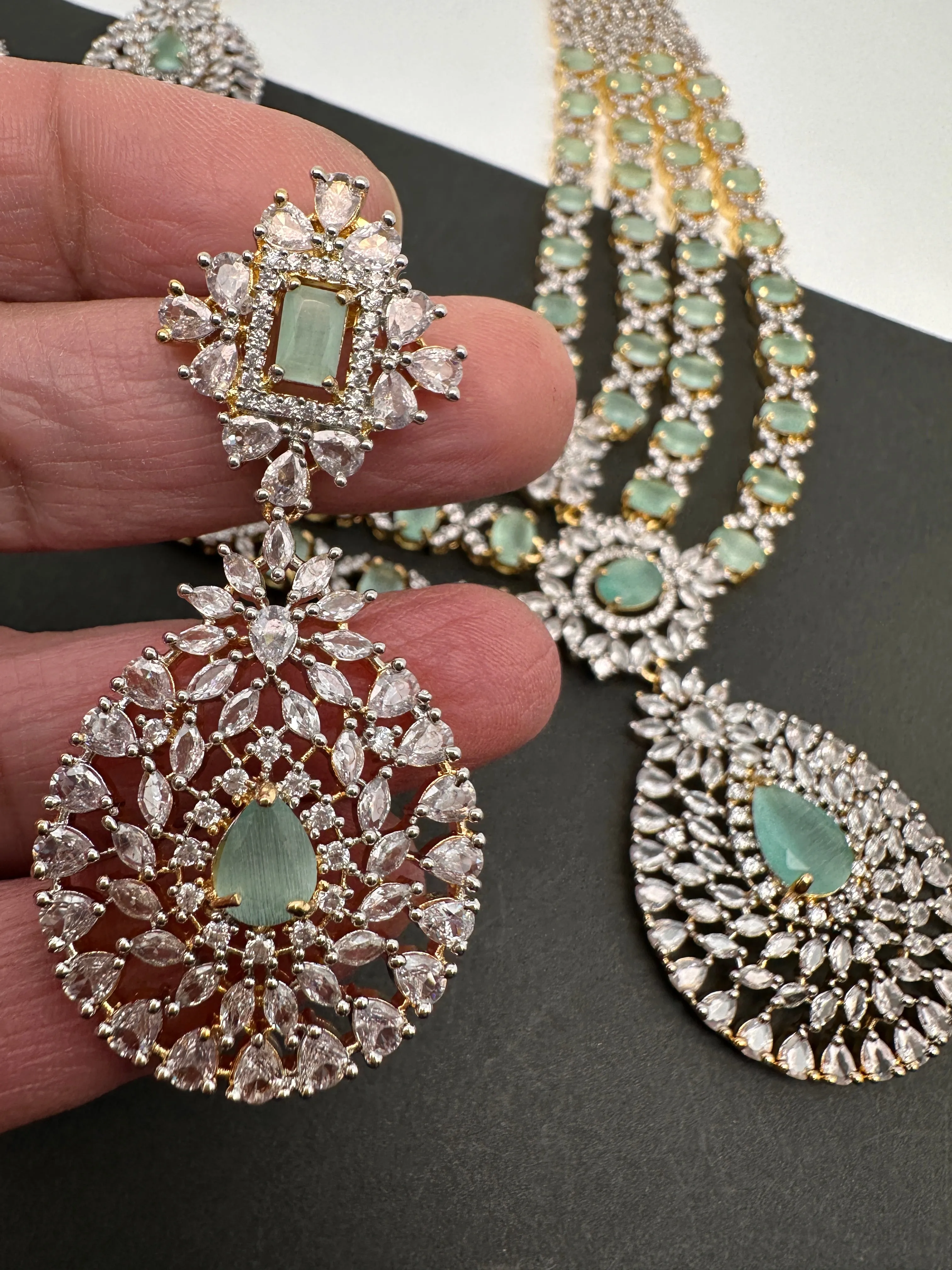 AD Mint Green Multi Layer Long  Necklace