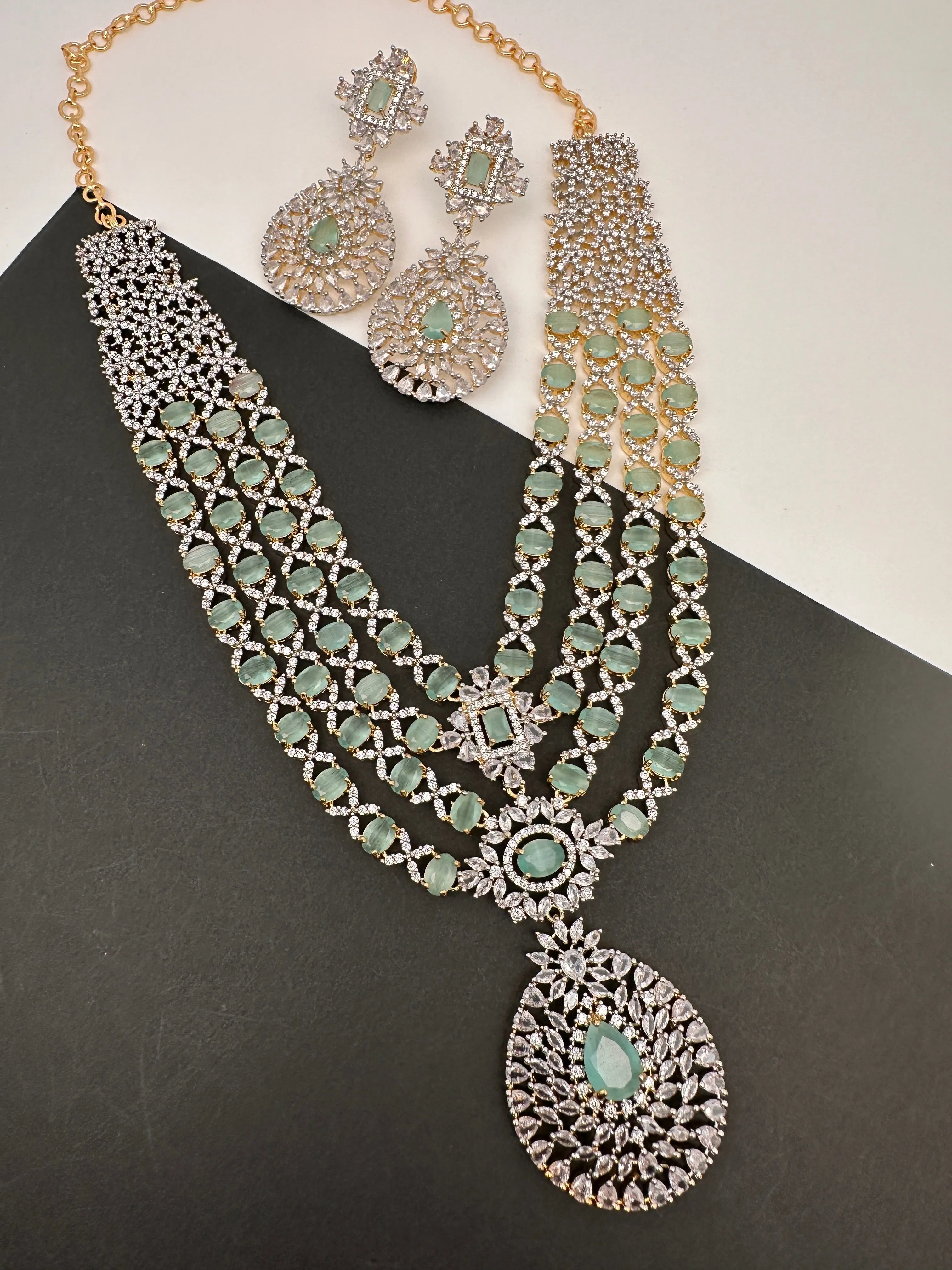 AD Mint Green Multi Layer Long  Necklace