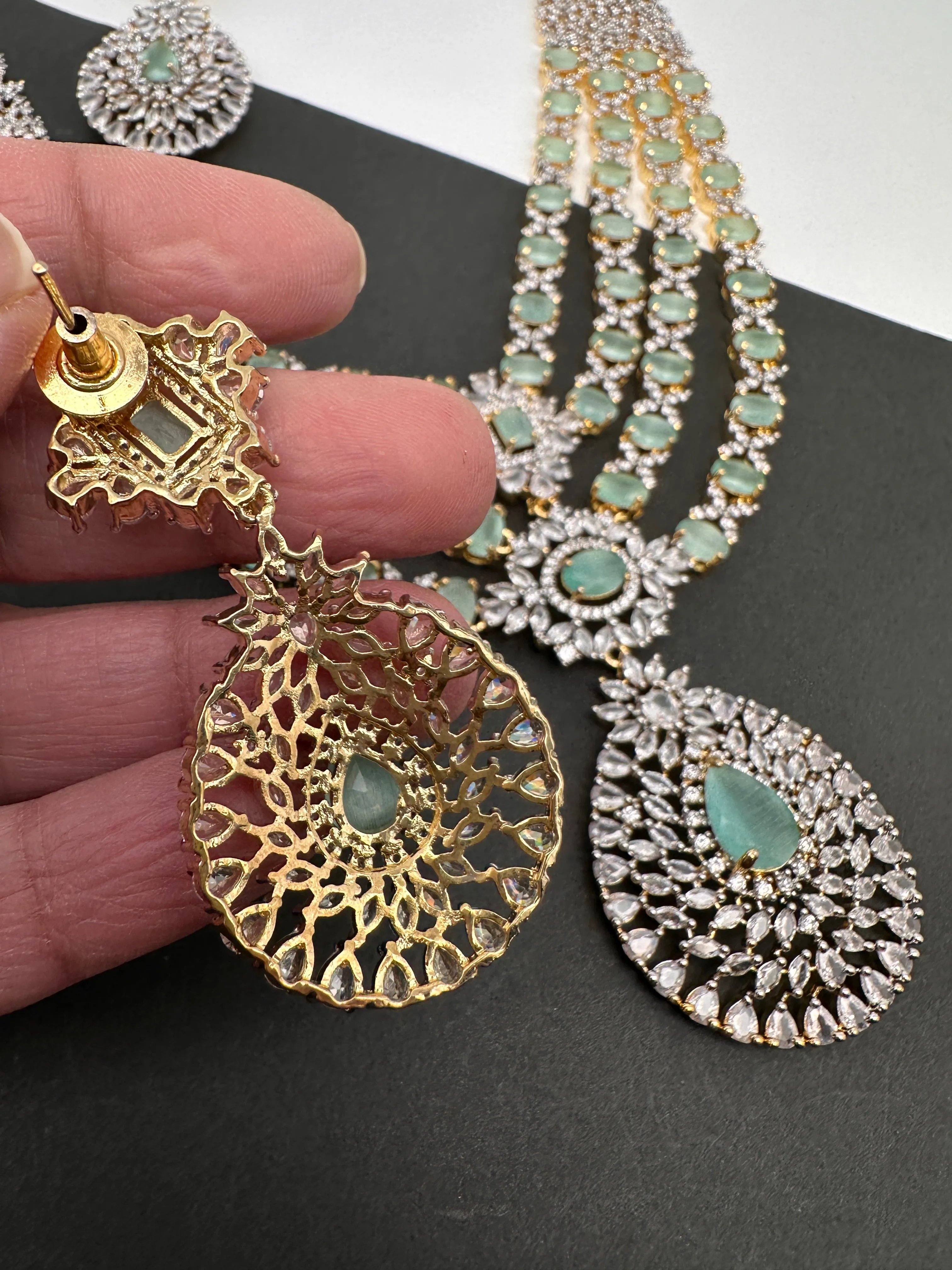 AD Mint Green Multi Layer Long  Necklace