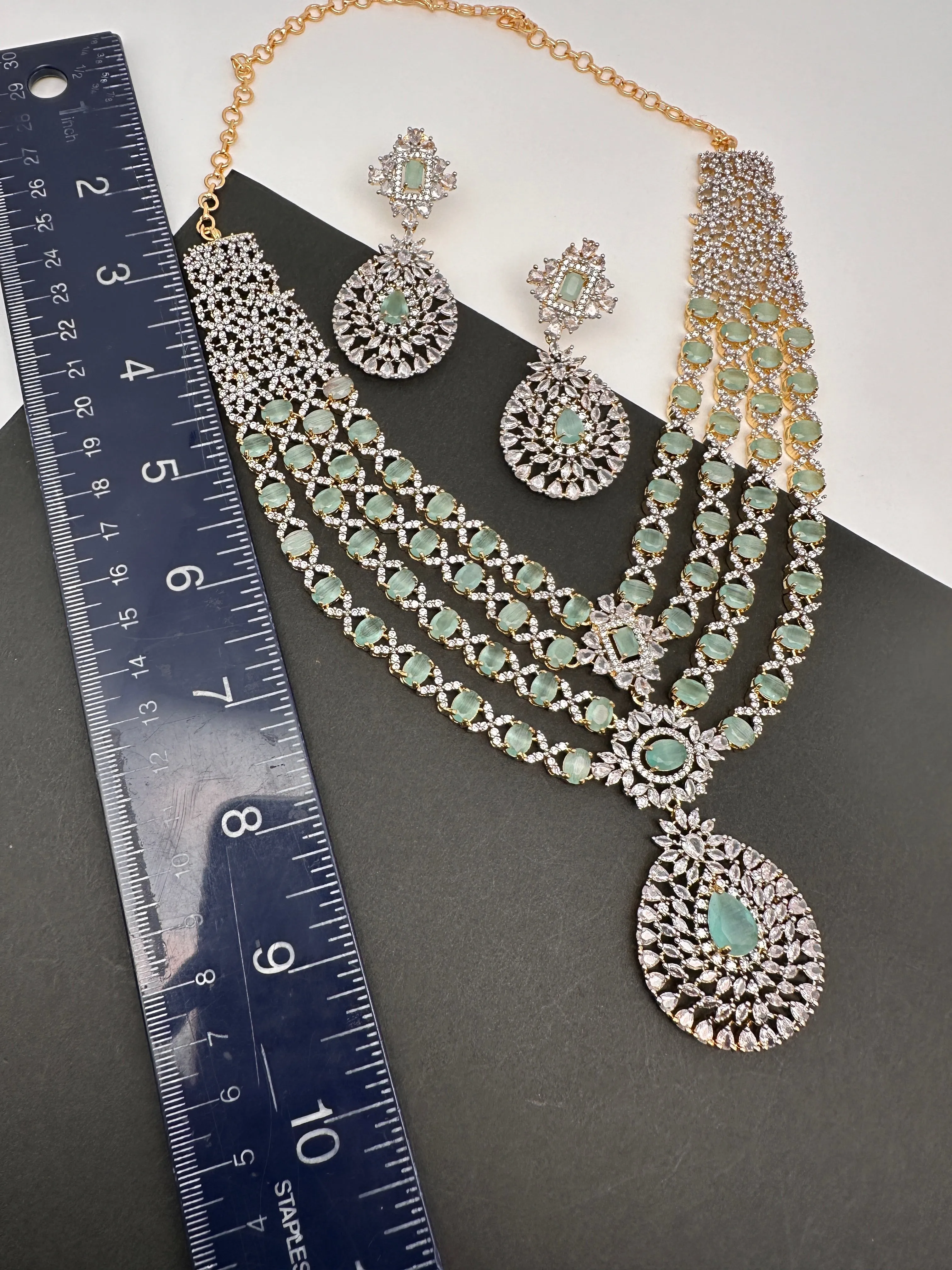 AD Mint Green Multi Layer Long  Necklace