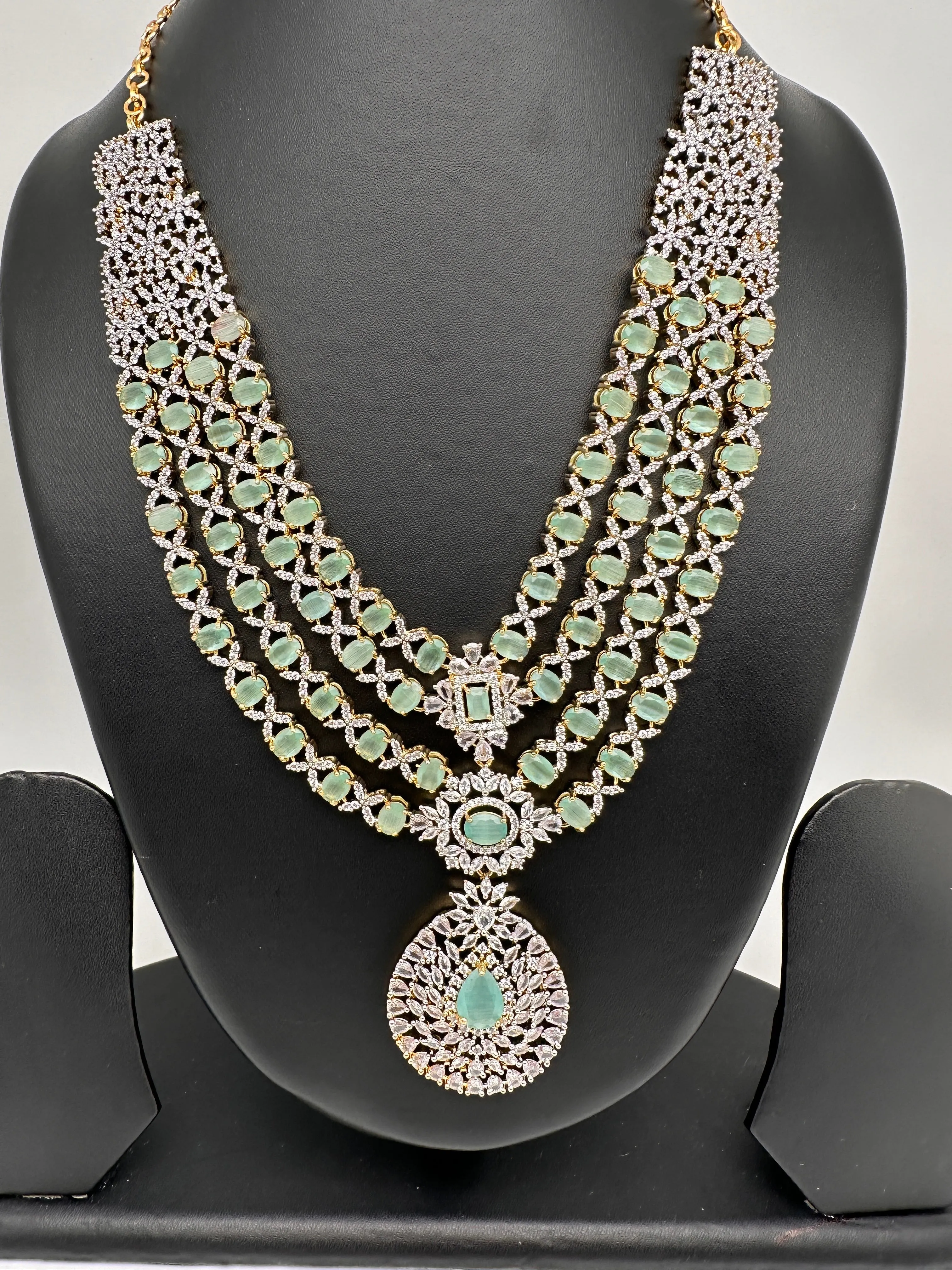 AD Mint Green Multi Layer Long  Necklace
