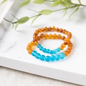 Adults | Marine Blue Sea Glass   Raw Cognac Amber Bracelet