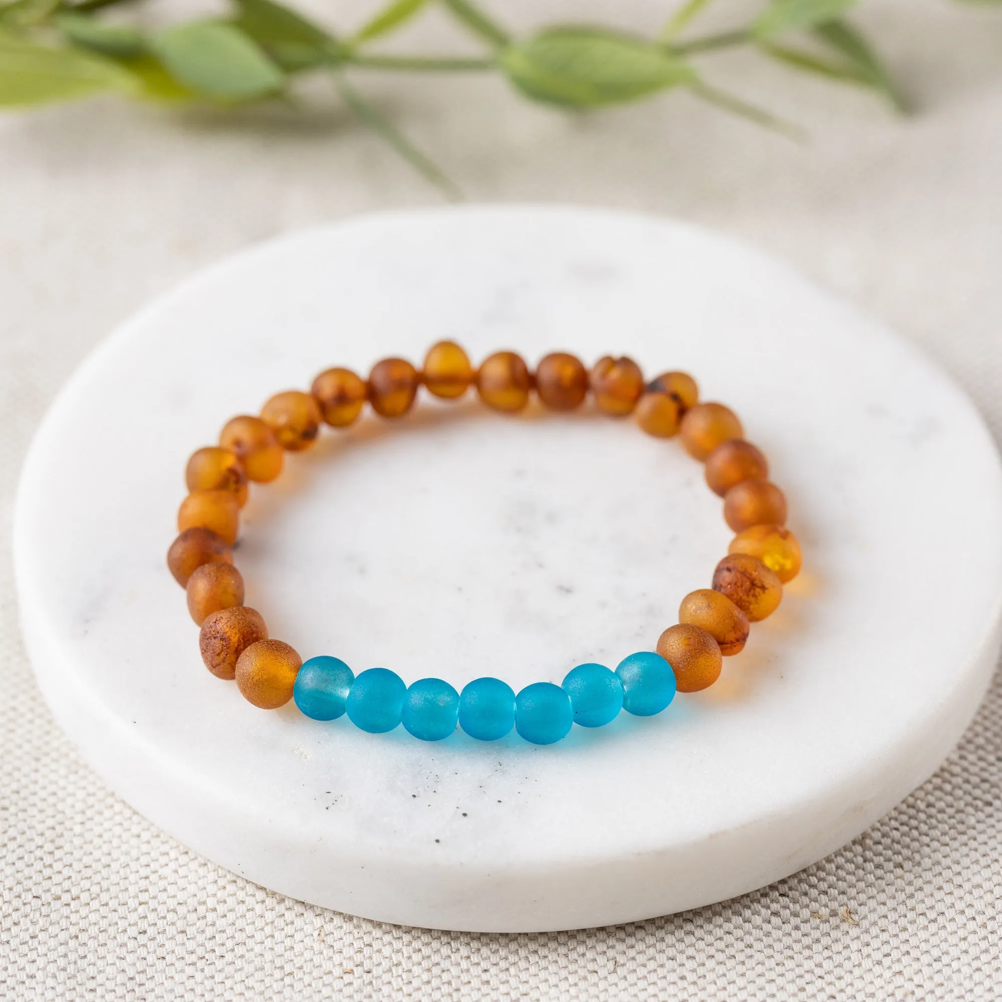 Adults | Marine Blue Sea Glass   Raw Cognac Amber Bracelet