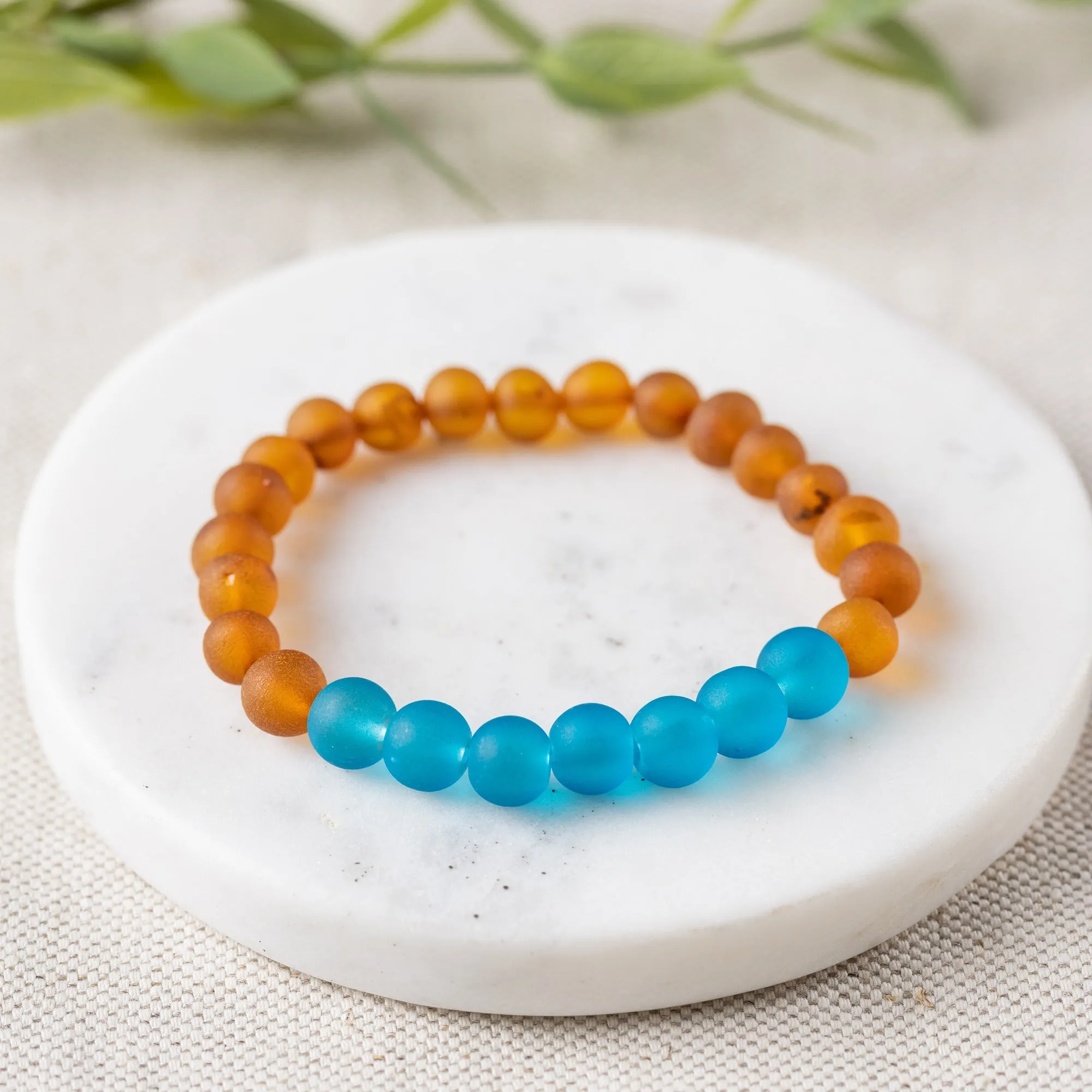 Adults | Marine Blue Sea Glass   Raw Cognac Amber Bracelet