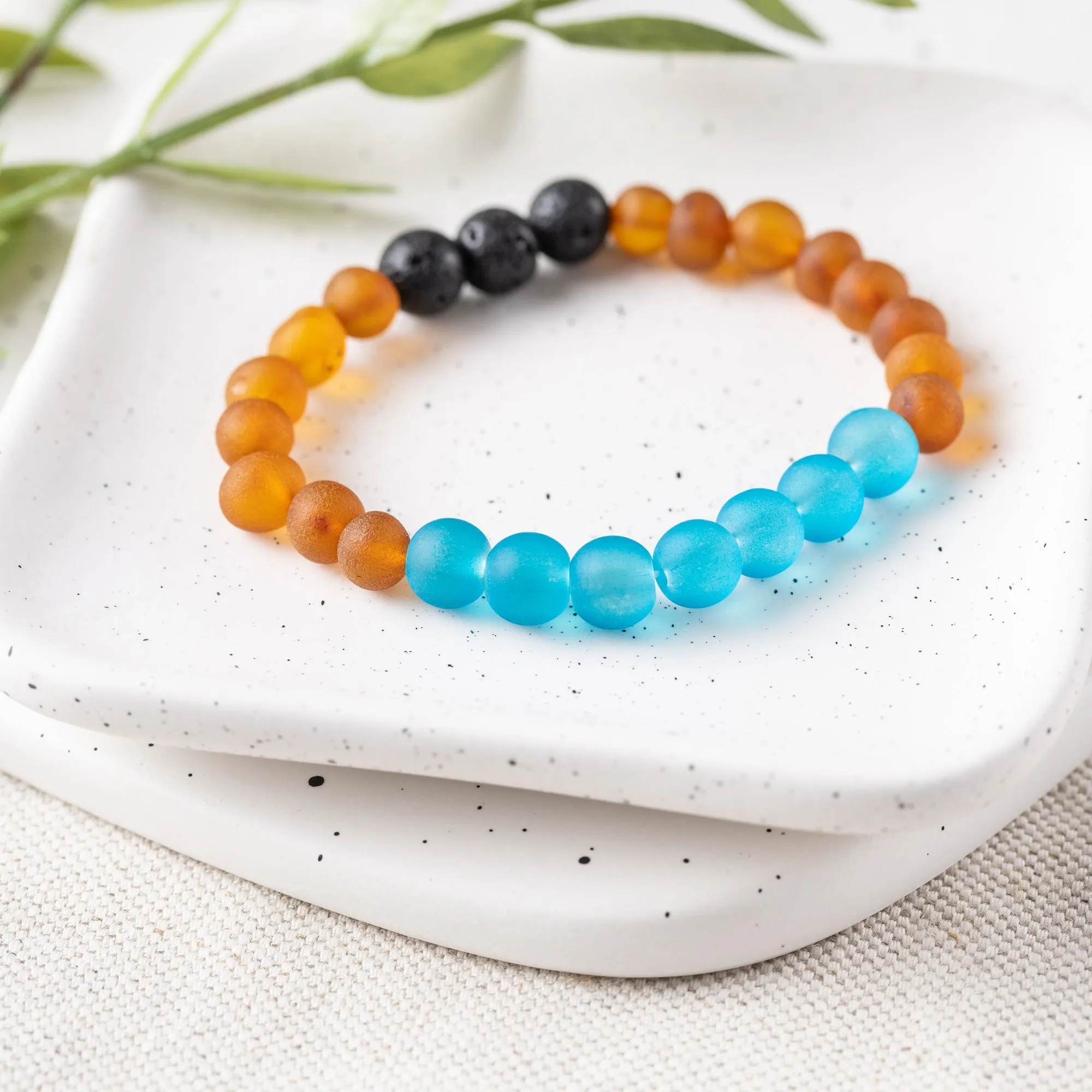 Adults | Marine Blue Sea Glass   Raw Cognac Aromatherapy Bracelet