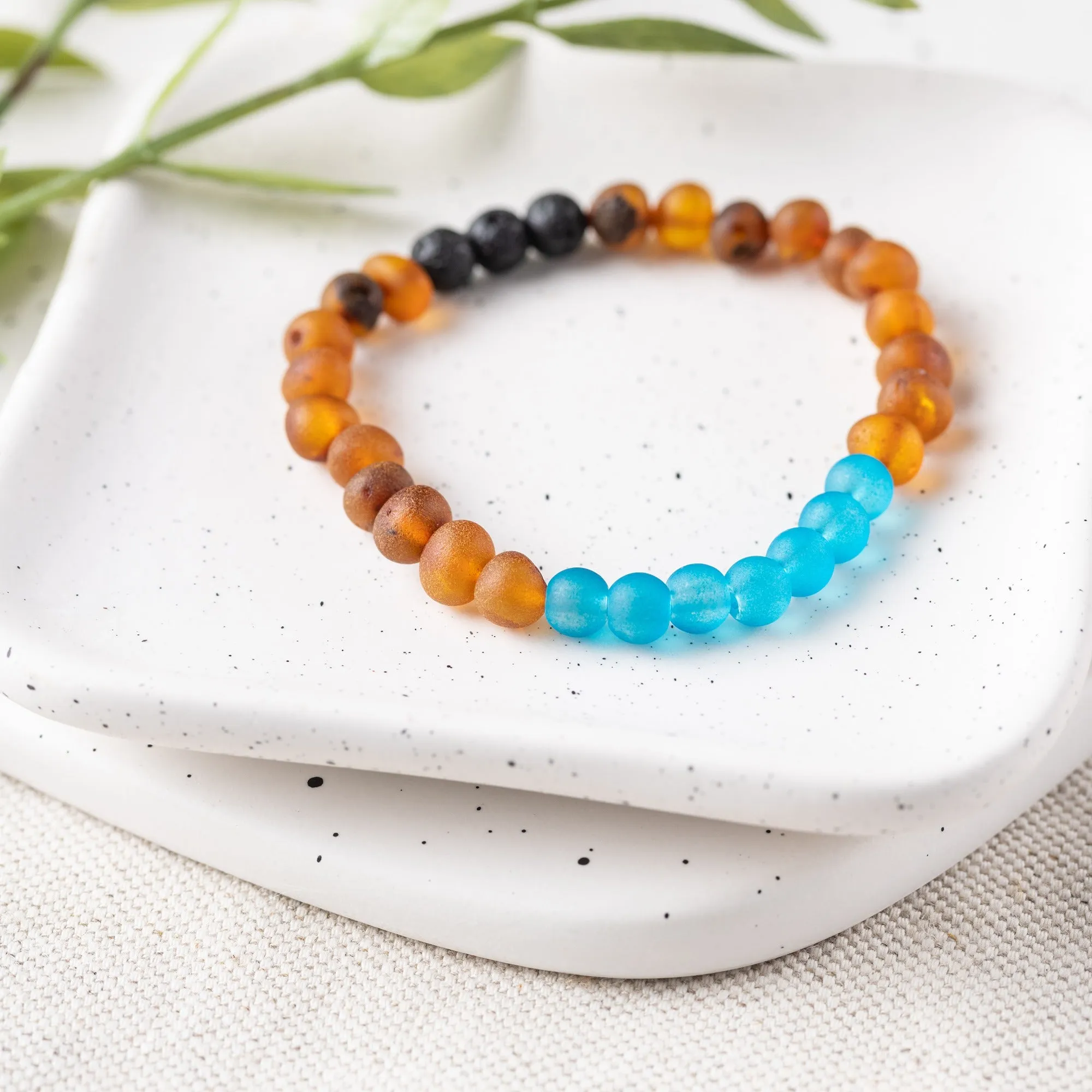 Adults | Marine Blue Sea Glass   Raw Cognac Aromatherapy Bracelet