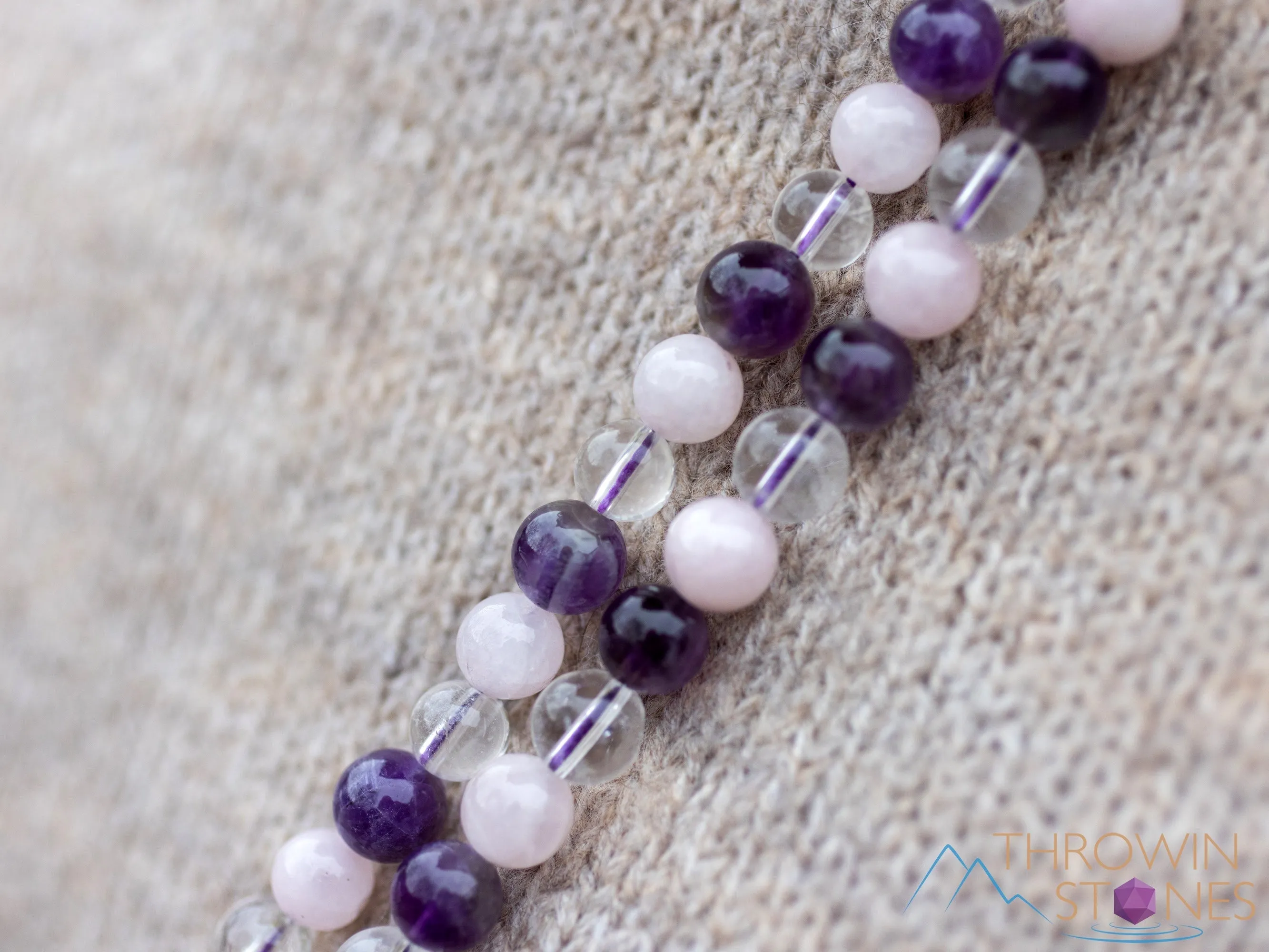 AMETHYST, Rose and Clear QUARTZ, Crystal Necklace, Mala - Handmade Jewelry, Beaded Necklace, Healing Crystals and Stones,  E0538