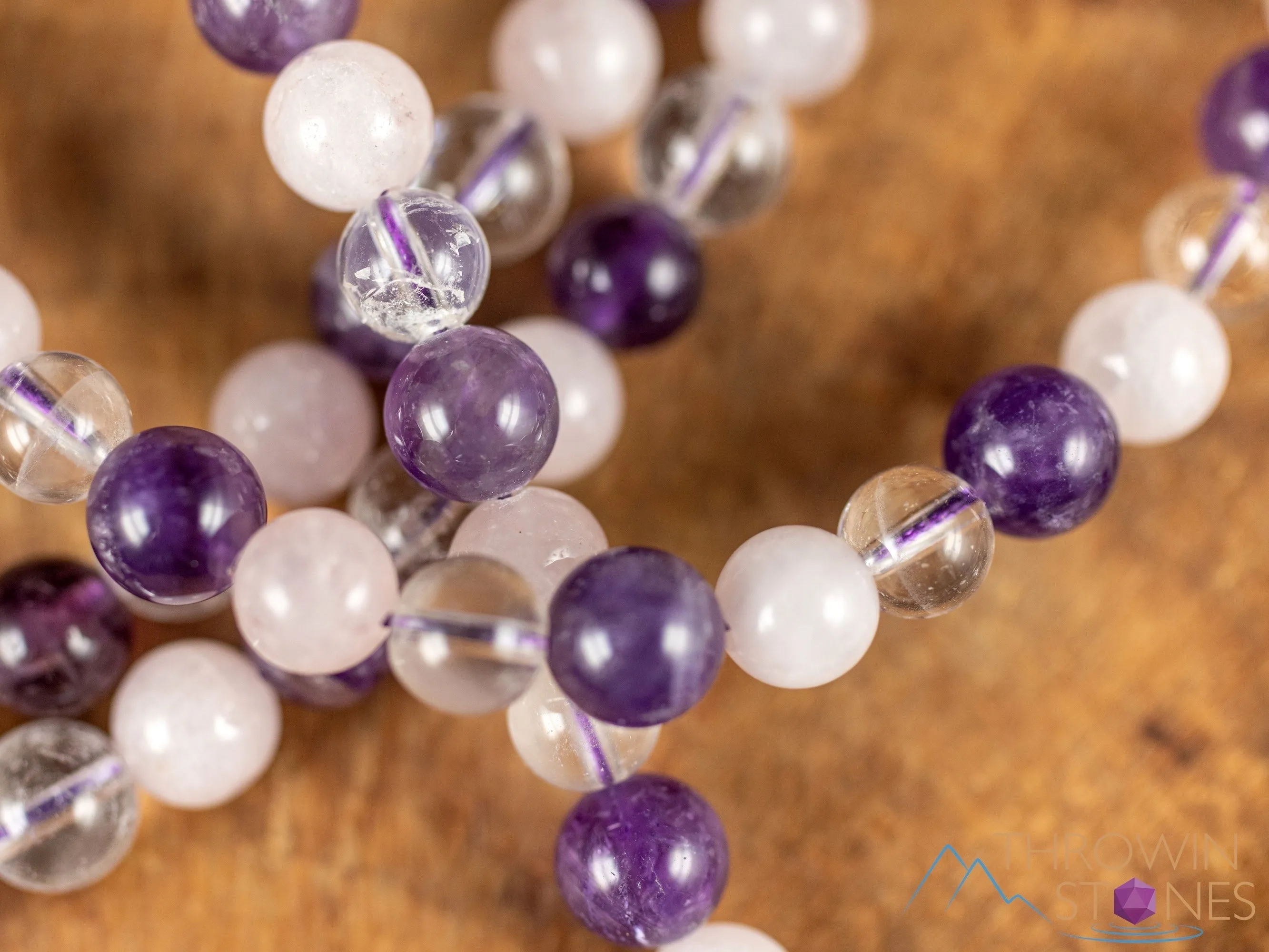 AMETHYST, Rose and Clear QUARTZ, Crystal Necklace, Mala - Handmade Jewelry, Beaded Necklace, Healing Crystals and Stones,  E0538