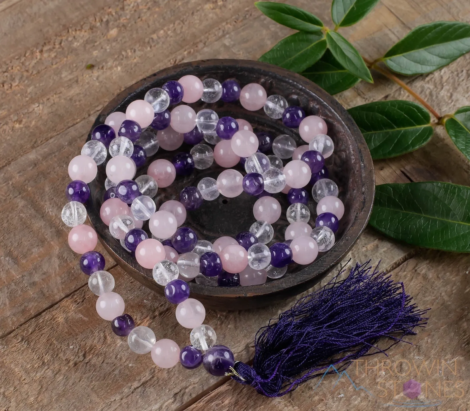 AMETHYST, Rose and Clear QUARTZ, Crystal Necklace, Mala - Handmade Jewelry, Beaded Necklace, Healing Crystals and Stones,  E0538