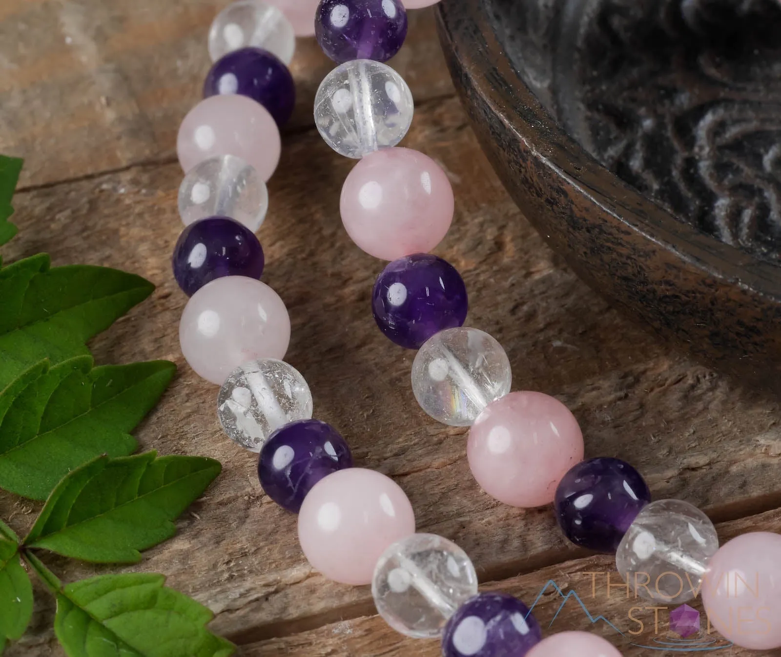 AMETHYST, Rose and Clear QUARTZ, Crystal Necklace, Mala - Handmade Jewelry, Beaded Necklace, Healing Crystals and Stones,  E0538