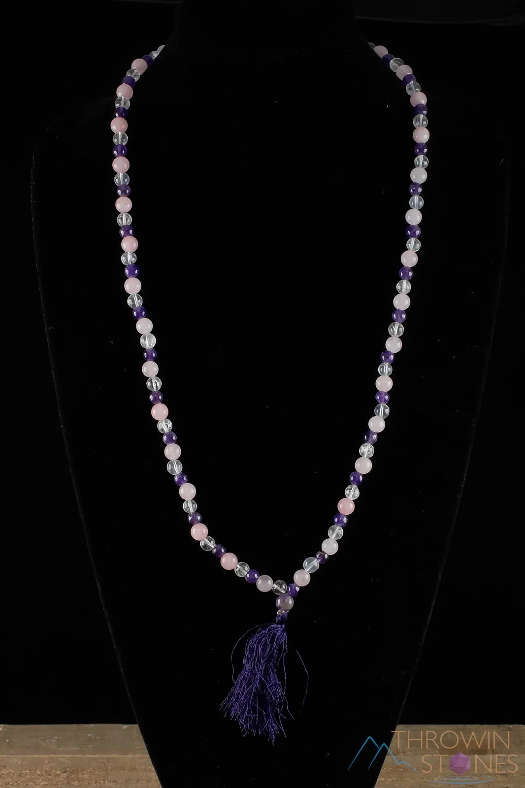 AMETHYST, Rose and Clear QUARTZ, Crystal Necklace, Mala - Handmade Jewelry, Beaded Necklace, Healing Crystals and Stones,  E0538