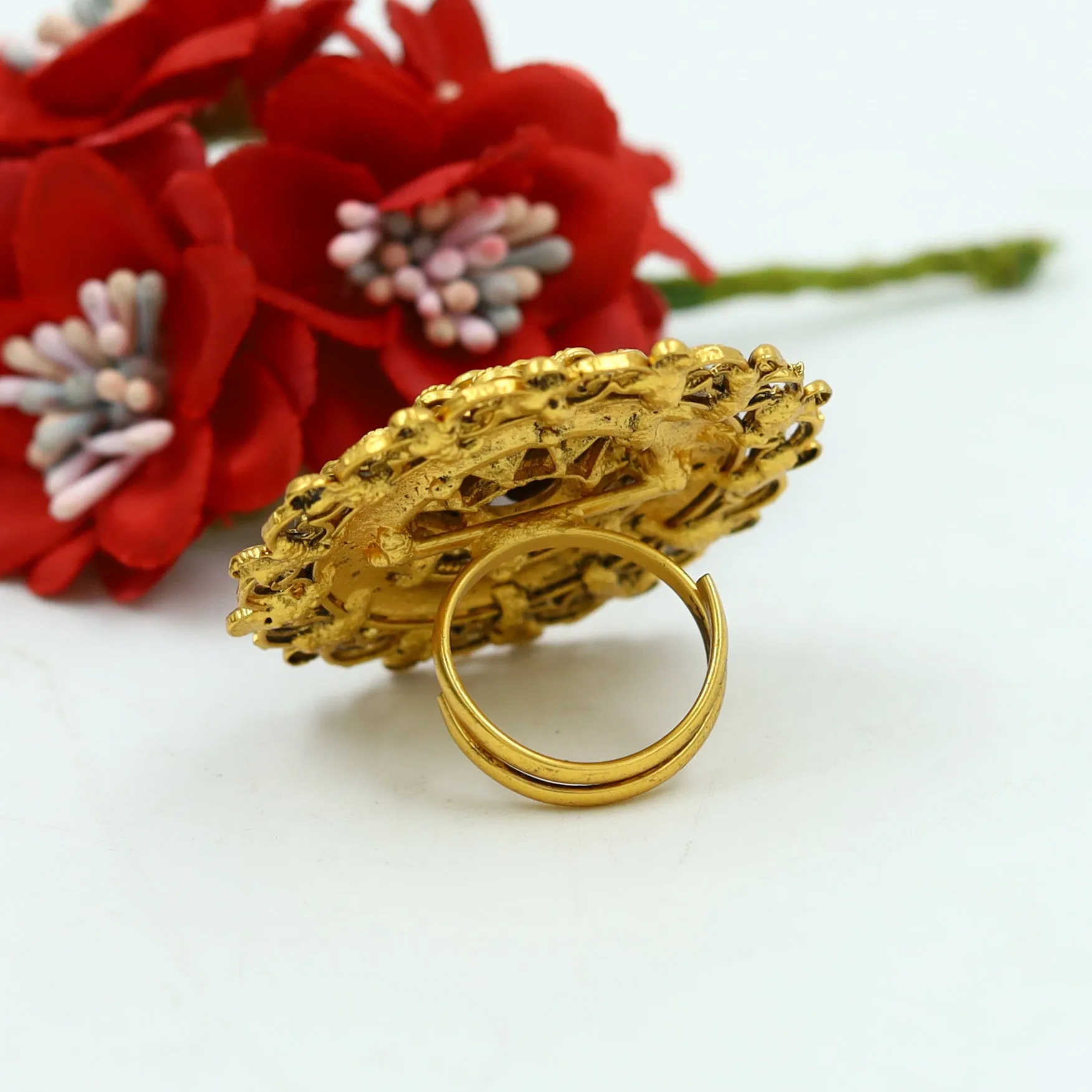 Antique Gold Finish Cocktail Adjustable Green Ring 12987-9649