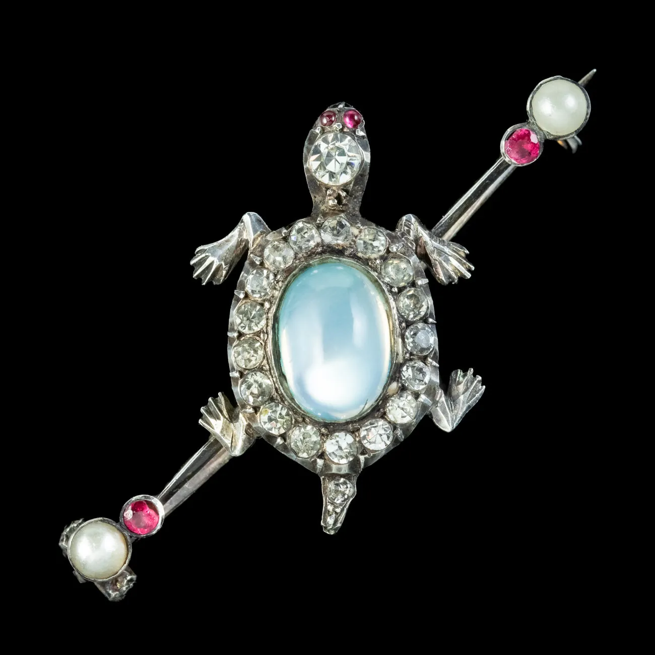 Antique Victorian Moonstone Paste Turtle Bar Brooch Sterling Silver