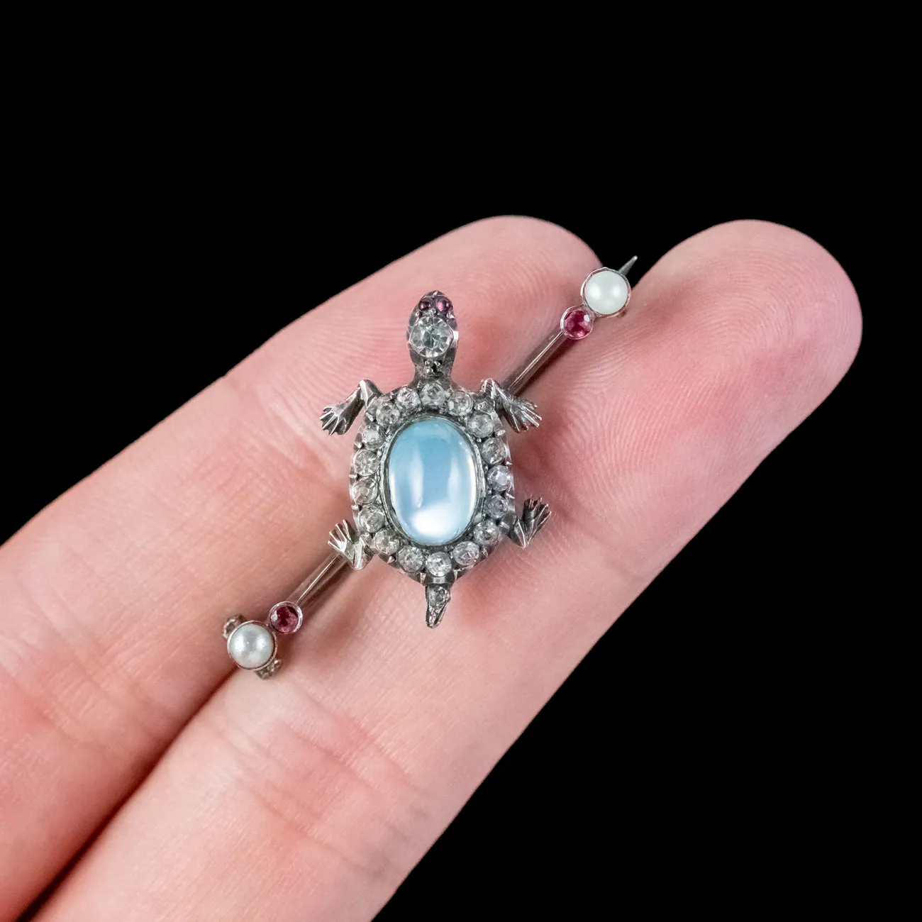 Antique Victorian Moonstone Paste Turtle Bar Brooch Sterling Silver