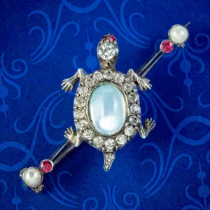 Antique Victorian Moonstone Paste Turtle Bar Brooch Sterling Silver