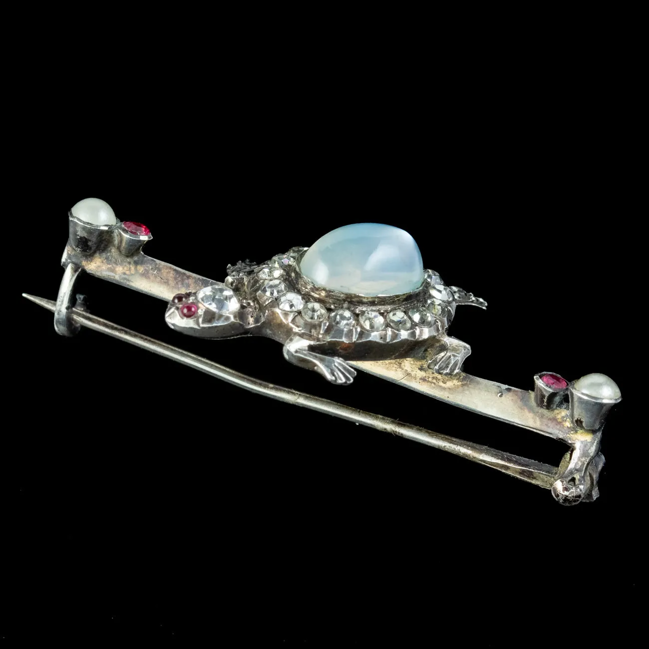 Antique Victorian Moonstone Paste Turtle Bar Brooch Sterling Silver