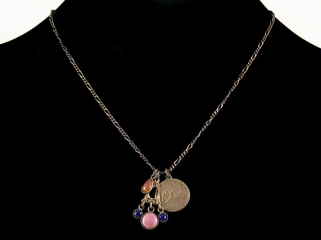 Antiqued figaro chain with stamped charm & cabachons (Web-173)
