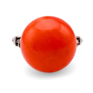 Art Deco French Cabochon Coral Diamond Platinum Ring