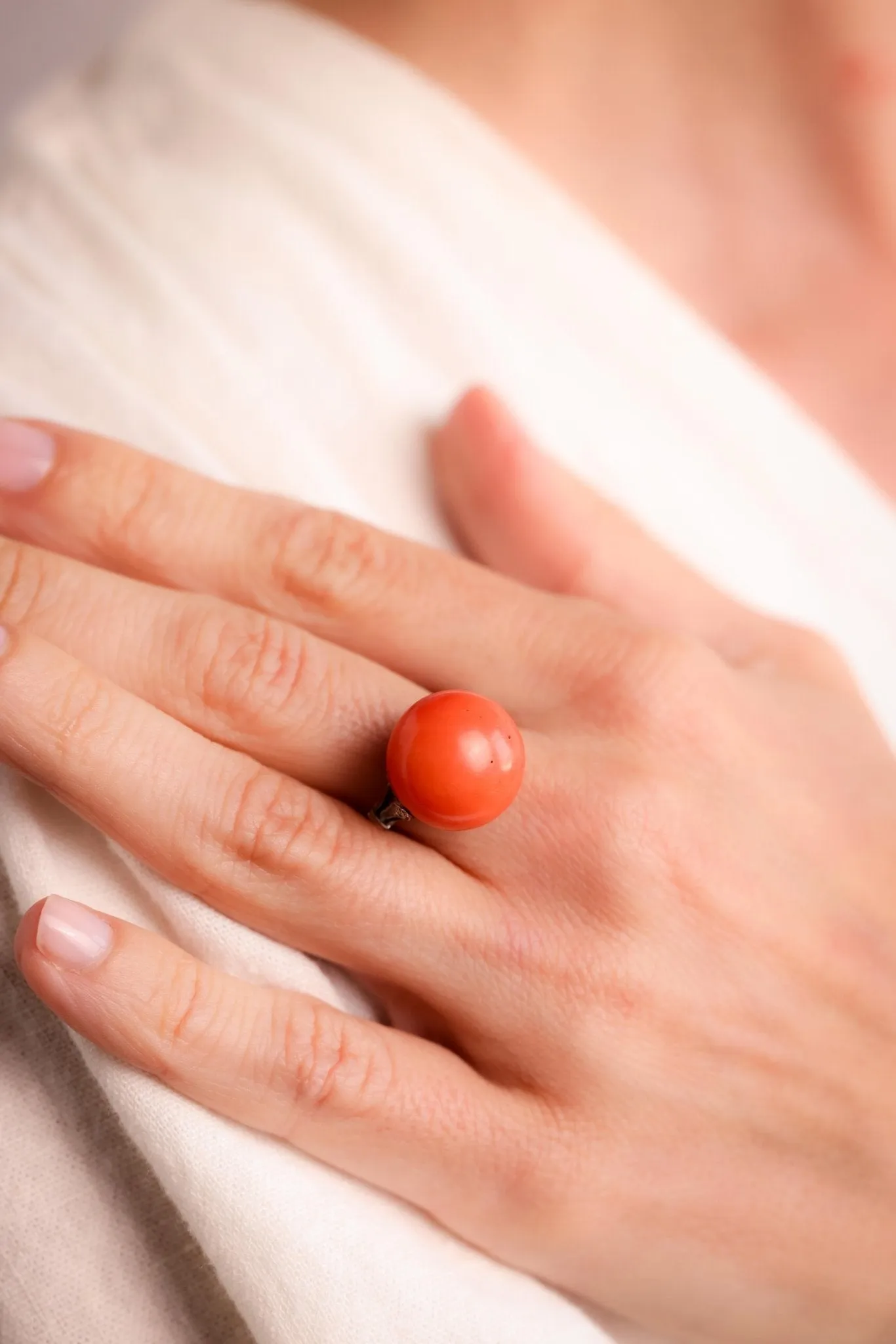 Art Deco French Cabochon Coral Diamond Platinum Ring