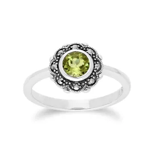 Art Nouveau Peridot & Markasit Blumen Ring in Sterling Silber