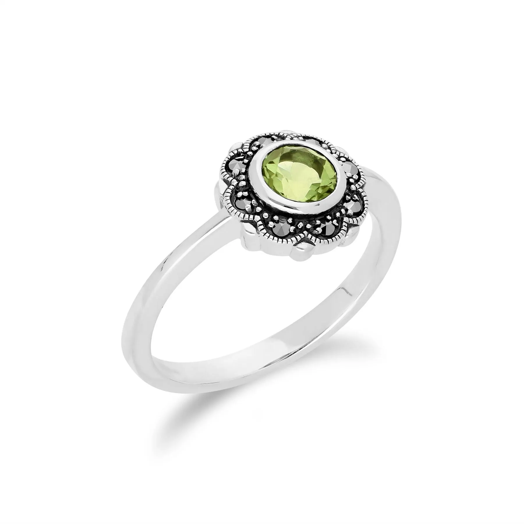 Art Nouveau Peridot & Markasit Blumen Ring in Sterling Silber