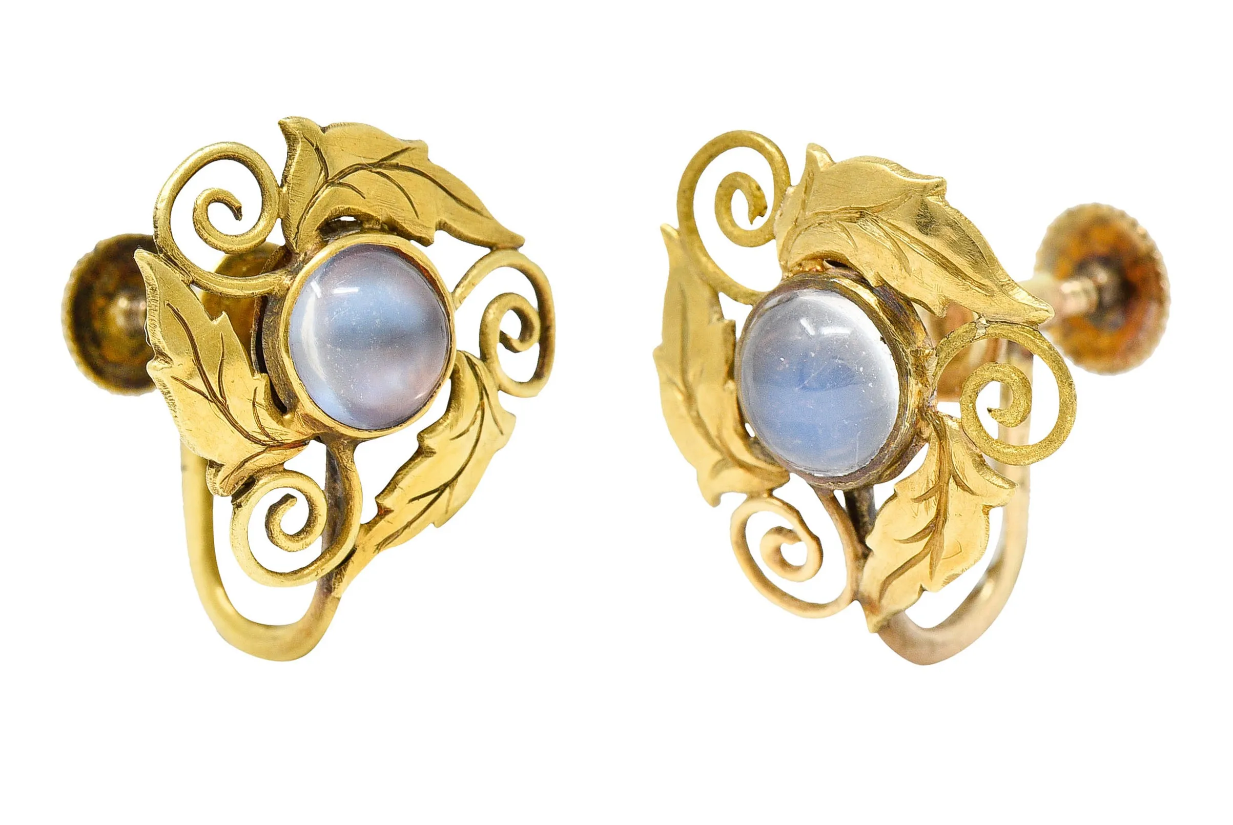 Arts & Crafts Moonstone 18 Karat Gold Foliate Screwback Earrings